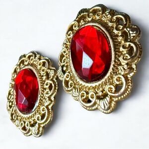 VINTAGE RED GEM BAROQUE EARRINGS – GOLD FILIGREE STYLE ❤️✨